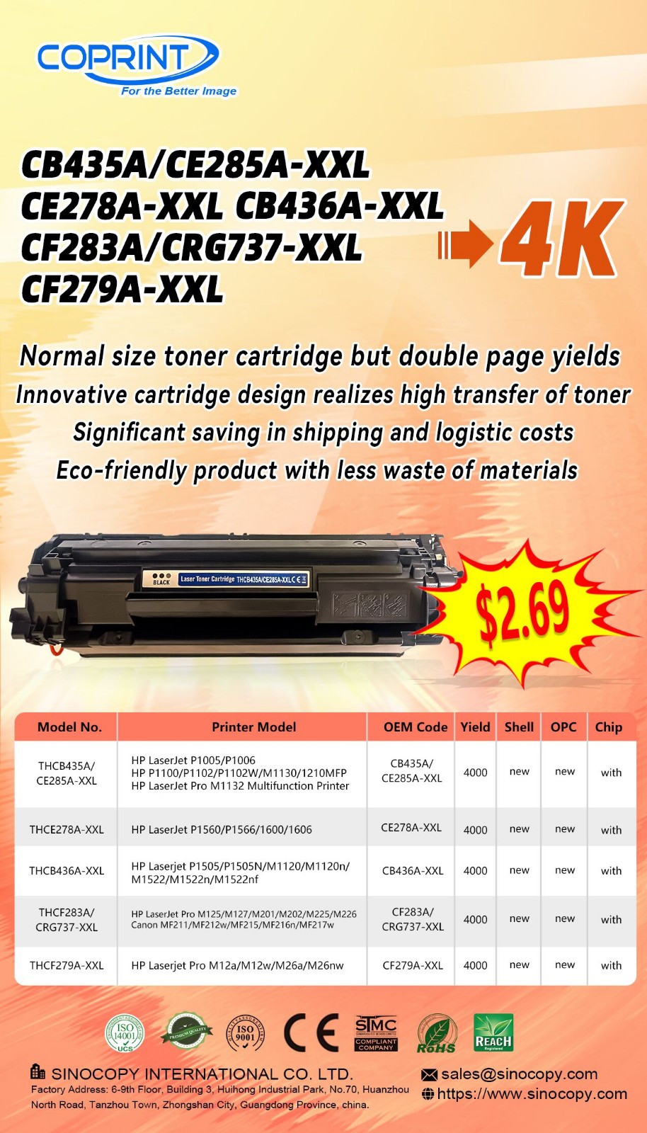 High Capacity CB435A/CE285A-XXL CE278A-XXL CB436A-XXL CF283A/CRG737-XXL CF279A-XXL with 4000 Pages Available