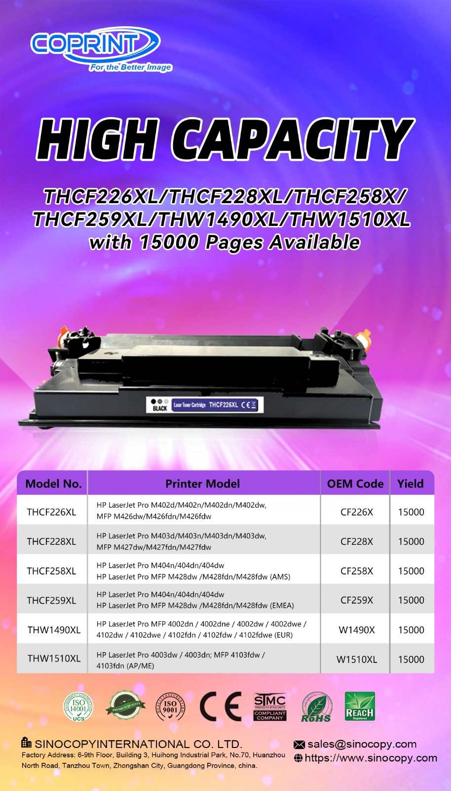 High Capacity CF226XL/CF228XL/CF258X/CF259XL/W1490XL/W1510XL with 15000 Pages Available