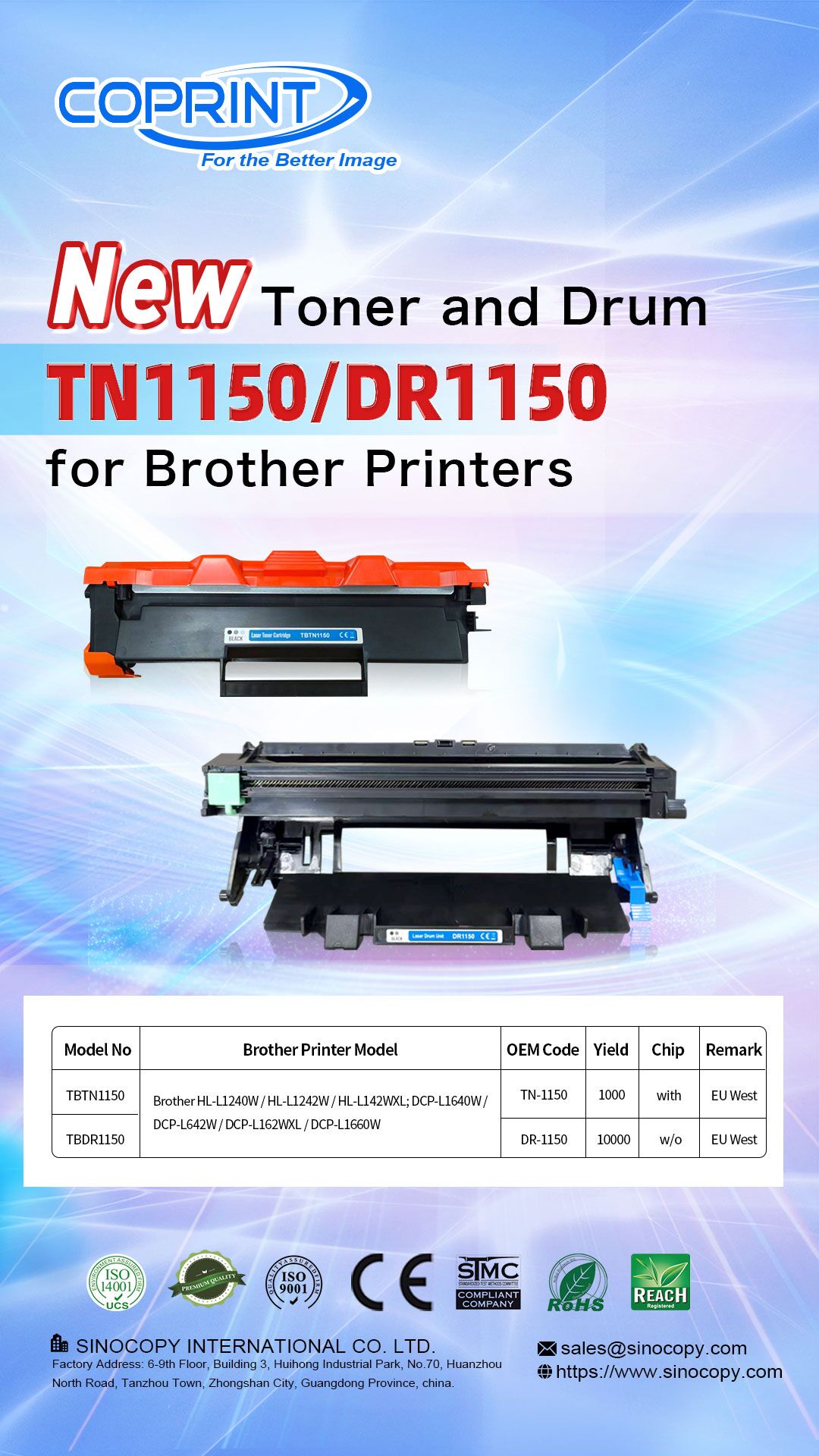 New Toner and Drum TN1150/DR1150 for Brother Printers